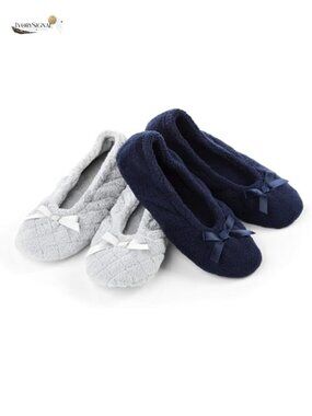 Women's Ballerina Slippers with Satin Bow, Terry Lining, Suede Sole,